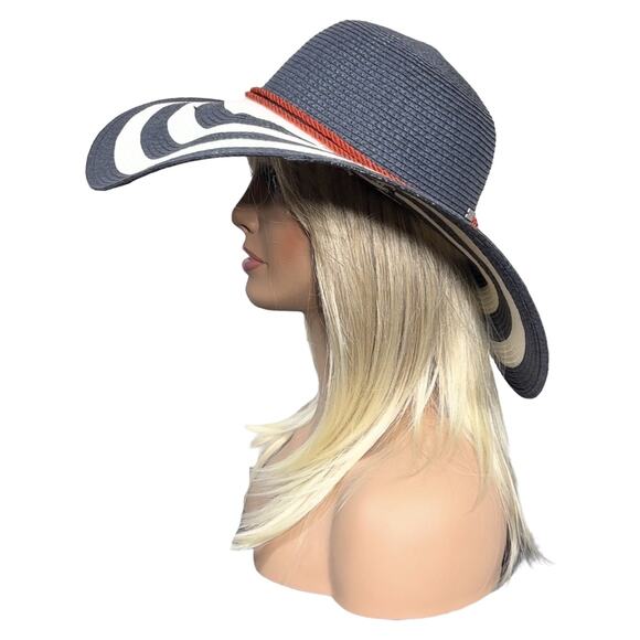 Striped Black and White Sun Hat with Red Accent - Picture 8 of 14